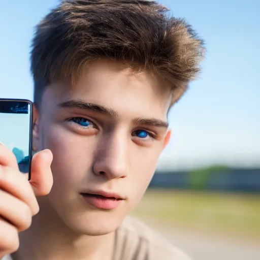 Image similar to teenage boy, photography, 4 k, zoom lens, young male face, ultra - realistic, selfie, phone camera