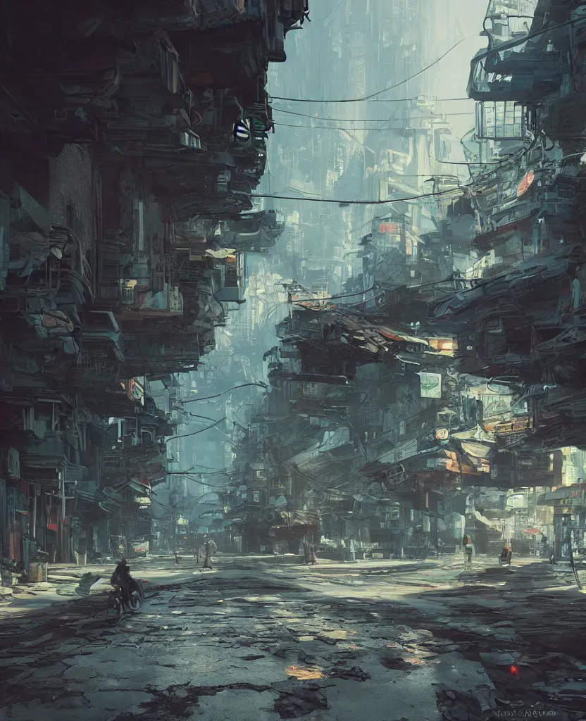 Prompt: an intricate high contrast, photorealistic concept illustration, abandoned asian street, scifi color palette, style by wlop, by feng zhu, by artgerm, matte painting, vfx, hyper detail, artstation, cgsociety, octane render