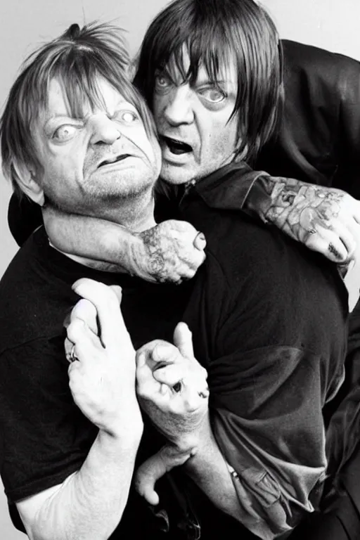 Prompt: Mark E Smith from The Fall strangling Fred Durst from Limp Bizkit