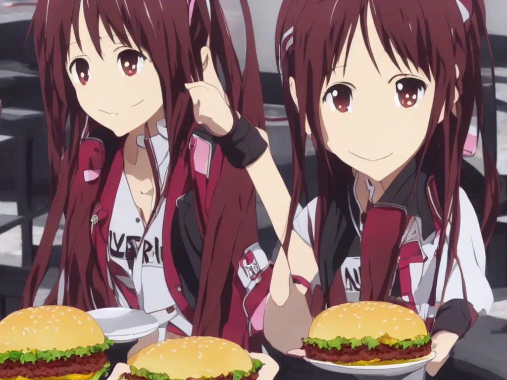 Image similar to yuuki konno from sword art online eating a big burger and being happy, High Definition detail, 8K, anime