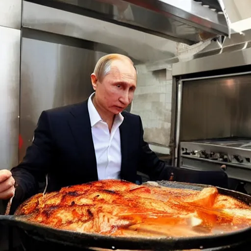 Prompt: Vladimir Putin being cooked on a rotisserie in Spain