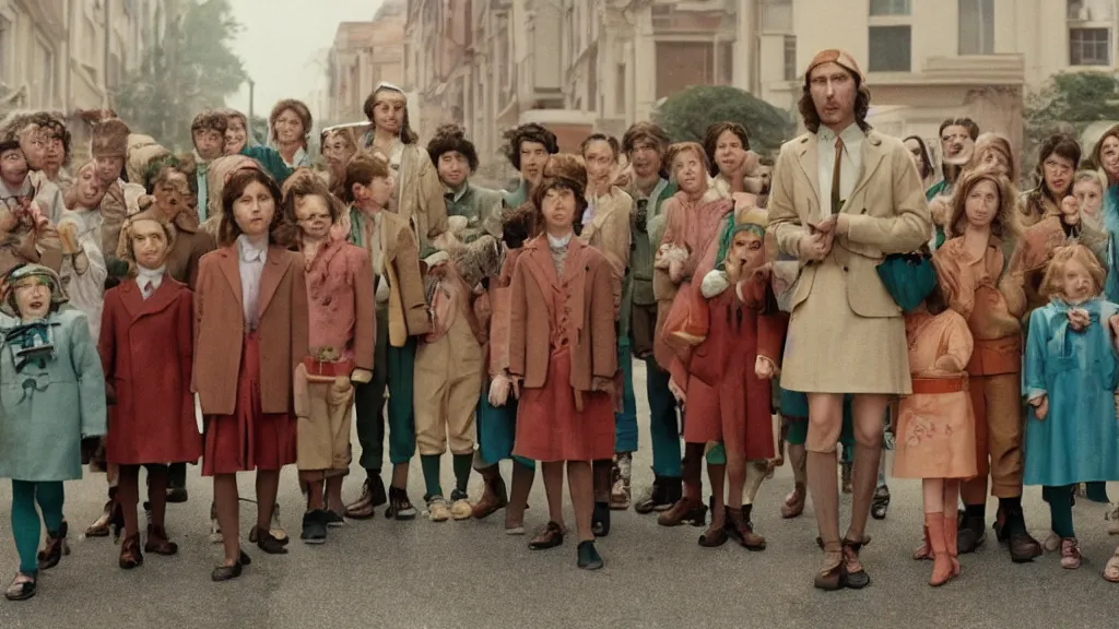 Image similar to A still from a Wes Anderson movie about the pied piper