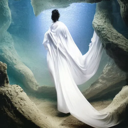 Prompt: portrait photo by mort kunstler and annie leibovitz and monia merlo, a woman completely covered in a sheer flowing long white sheet floating in the center of an aquarium, backlit, 4 d, 4 k, volumetric lighting, photorealistic, light ray, hyperdetailed