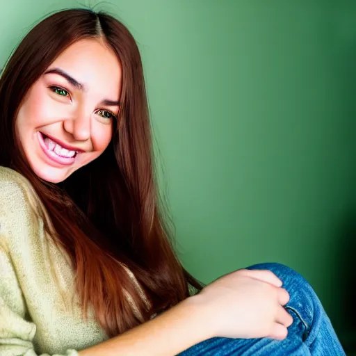 Image similar to a cute young woman smiling, long shiny bronze brown hair, full round face, green eyes, medium skin tone, light cute freckles, smiling softly, wearing casual clothing, relaxing on a modern couch, interior lighting, cozy living room background, medium shot, mid-shot, soft focus