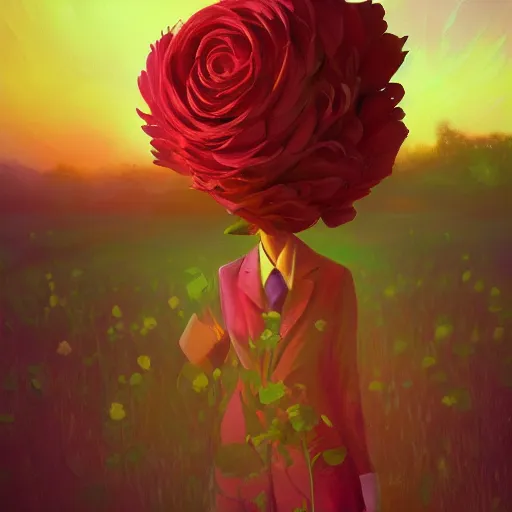 Image similar to closeup, giant rose flower head, frontal, girl in a suit, surreal photography, sunrise, dramatic light, impressionist painting, digital painting, artstation, simon stalenhag