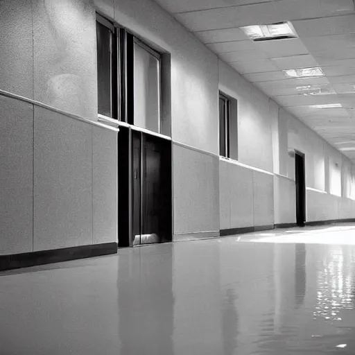 Prompt: Beautiful soft liminal Photograph of an infinite infinite office hallway, water on the floor