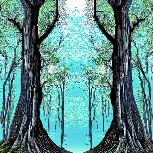 Image similar to digital art of mother earth kissing trees