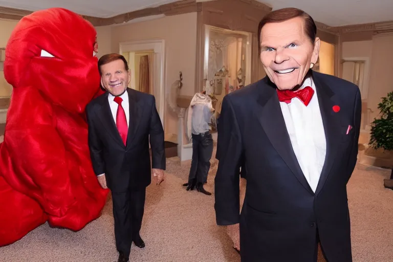 Prompt: kenneth copeland as a massive red satin monster