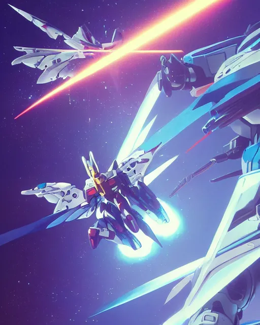 Image similar to highly detailed vfx portrait of a gundam wing with wings of feathers beam saber fighting in space with a beam gun, unreal engine, greg rutkowski, loish, rhads, beeple, makoto shinkai and lois van baarle, ilya kuvshinov, rossdraws, tom bagshaw, alphonse mucha, global illumination, detailed and intricate environment