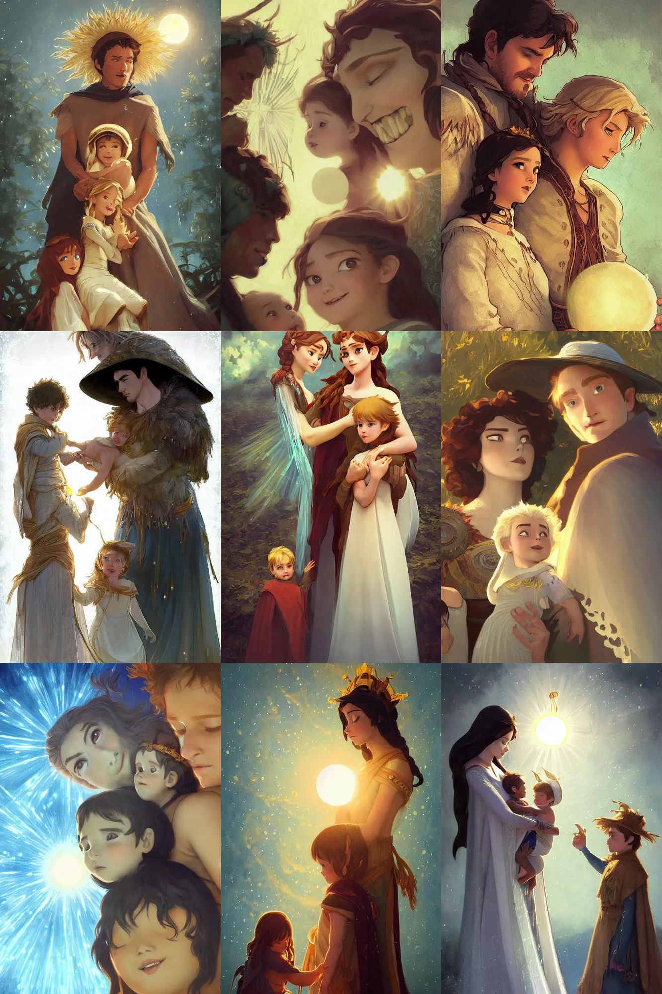 Prompt: a cinematic portrait of a beautiful family photograph close up moment of a young sun god and moon goddess magician family with child, portrait, wearing sunhat armor, Frozen Klaus film, digital painting, artstation, concept art, illustration, Frozen II art masterpiece by art by Krenz Cushart, Artem Demura, alphonse mucha, yoji shinkawa, ArtGerm, Jon Lothian, Danilo Torres, Adi Meyers, Thomas Reimann, Gaston Bussiere