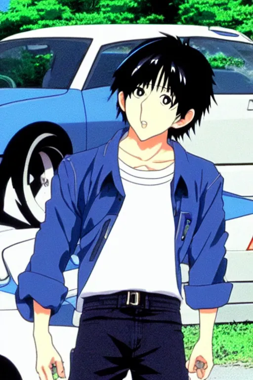 Prompt: very serious ryosuke takahashi with black hair wearing a dark blue shirt and white pants eating a cheeseburger stands leaning on his white mazda, initial d anime screenshot, initial d anime 1 0 8 0 p, detailed anime face, high detail, 9 0 s anime aesthetic