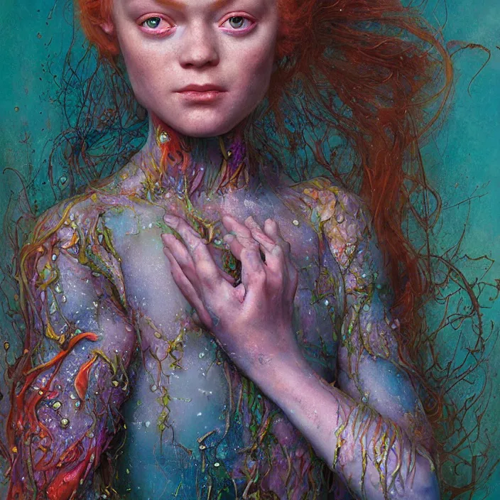 Image similar to a portrait photograph of sadie sink as a brightly colored mermaid alien hybrid with wet mutated skin. wearing an growing organic catsuit. by tom bagshaw, donato giancola, hans holbein, walton ford, gaston bussiere, brian froud, peter mohrbacher and magali villeneuve. 8 k, cgsociety