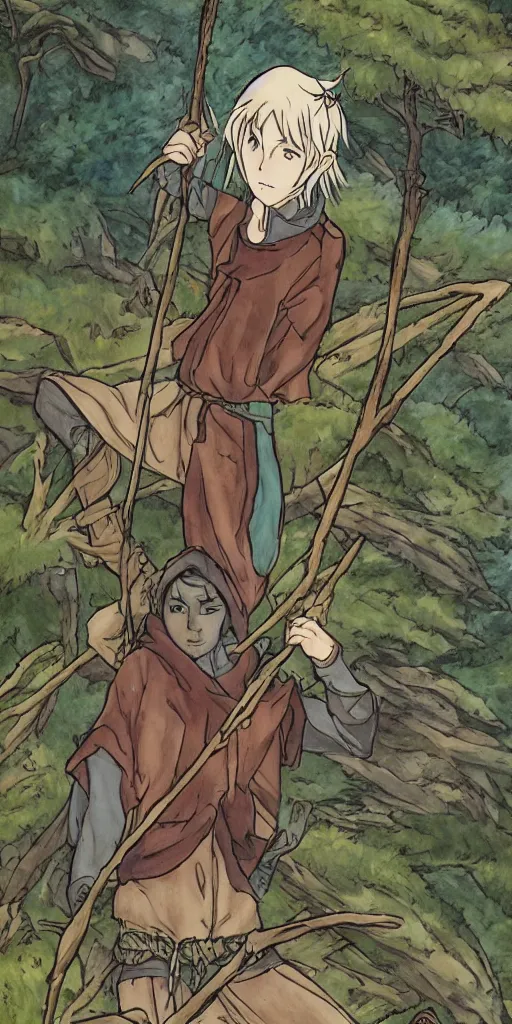 Prompt: an wood elf boy on the mountain side, anime style, tarot card, Tarot card the fool, fine line work, full color, earth tones, drawn by Hayao Miyazaki