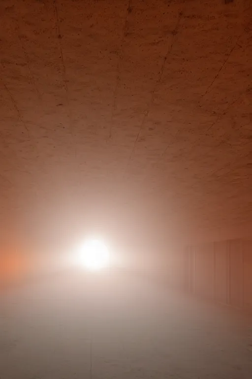 Prompt: inside a tall vetical room, monolithic, open wall architecture, dust cloud enter through giant open windows, high winds, concrete pillars, ancient sci - fi elements, on an alien planet, sun is blocked by dust, pale orange colors, cinematographic wide angle shot, f / 2 4, motion blur