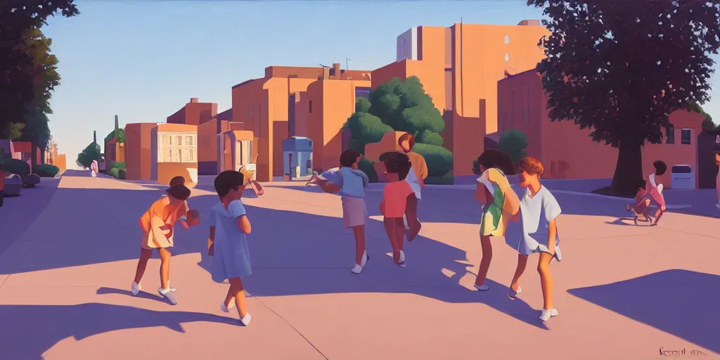 Prompt: quiet kids in the street, blue sky, summer evening, kenton nelson