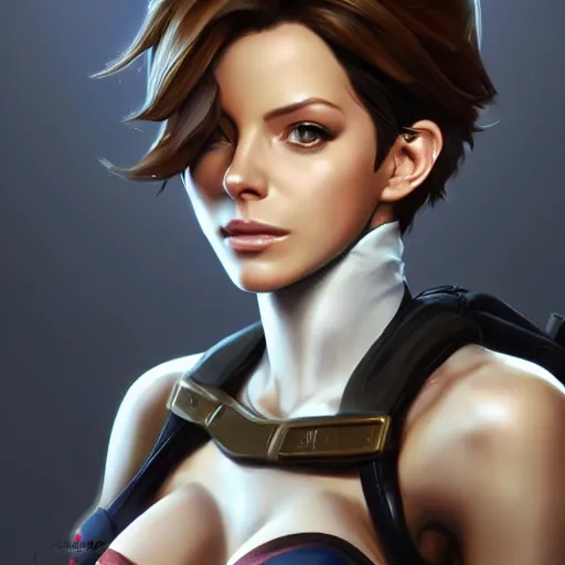 Image similar to a highly detailed portait of tracer from overwatch as kate beckinsale, digital art, pretty face, muscular, very beautiful face, very detailed eyes, 8 k resolution, digital painting, by james gurney wlop, greg rutkowski, full body