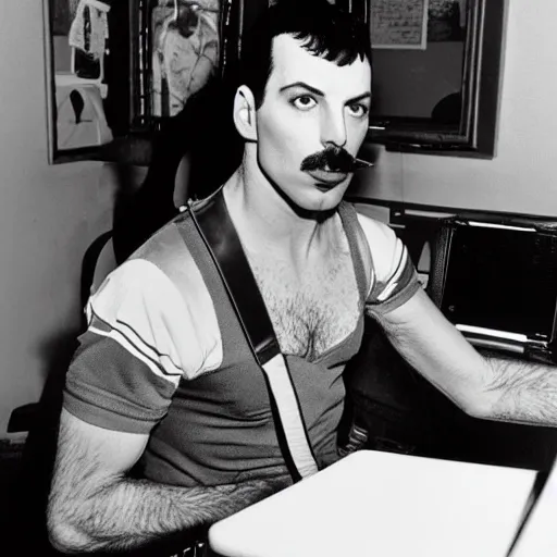 Image similar to Freddie Mercury playing among us on his computer