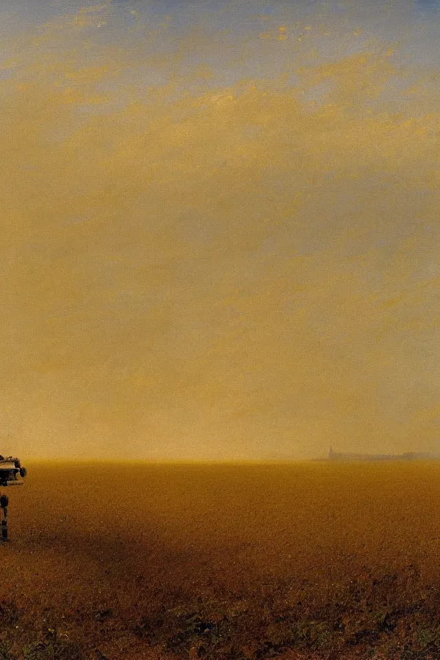 Image similar to painting of the back view of a terminator-like robot, standing in the vast yellow wheat fields, looking at five distant gargantuan tall buildings by Ivan Aivazovsky