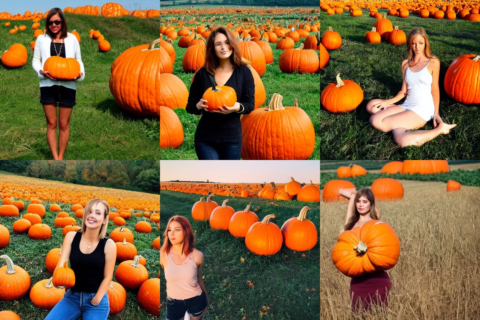 Prompt: beautiful woman and pumpkin hybrid, in a field of extremely oversized pumpkins, the sun is also a pumpkin.