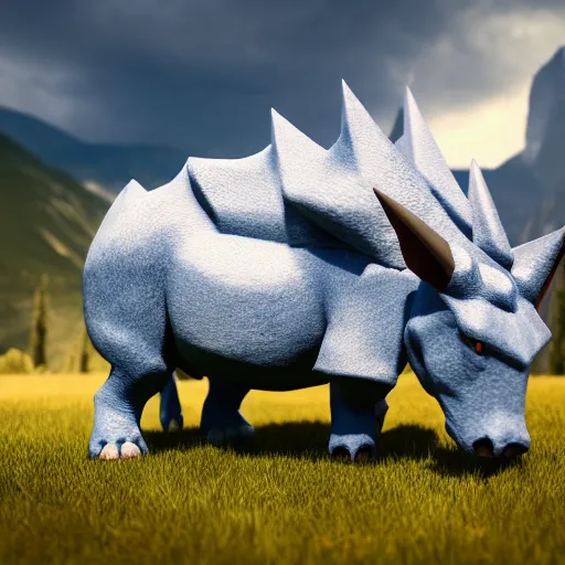 Image similar to photography of a realistic rhyhorn animal, ultra detailed, 8 k, cinematic lighting, natural background, trending on artstation, pokemon