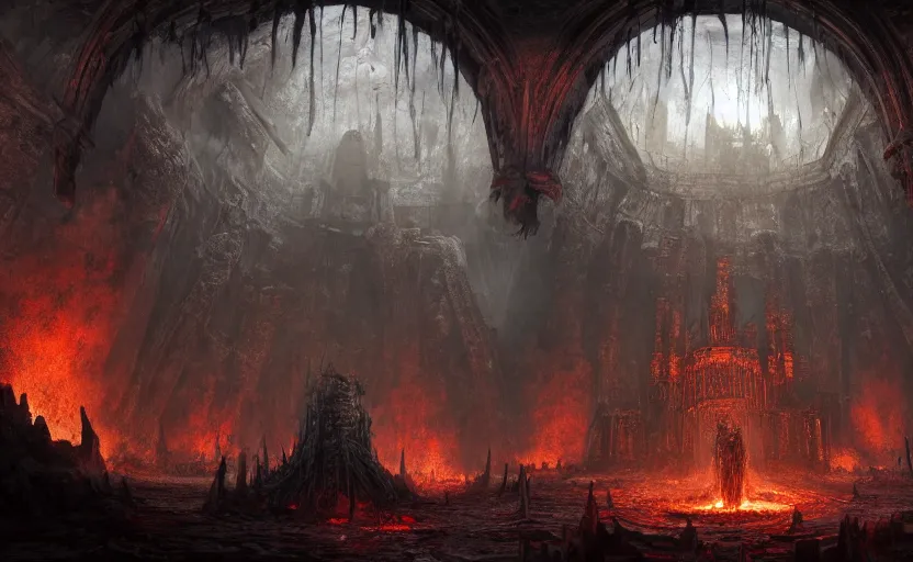 Prompt: a detailed matte painting of the the deepest most evil chambers of hell, in the style of doom eternal, dantes inferno, dark souls, trending on artstation, highly detailed, digital painting, concept art, unreal engine, 4 k wallpaper