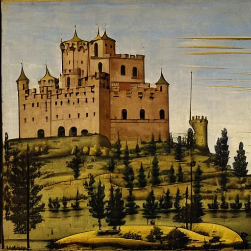 Image similar to a castle with many storey and towers in a serene landscape, by giotto