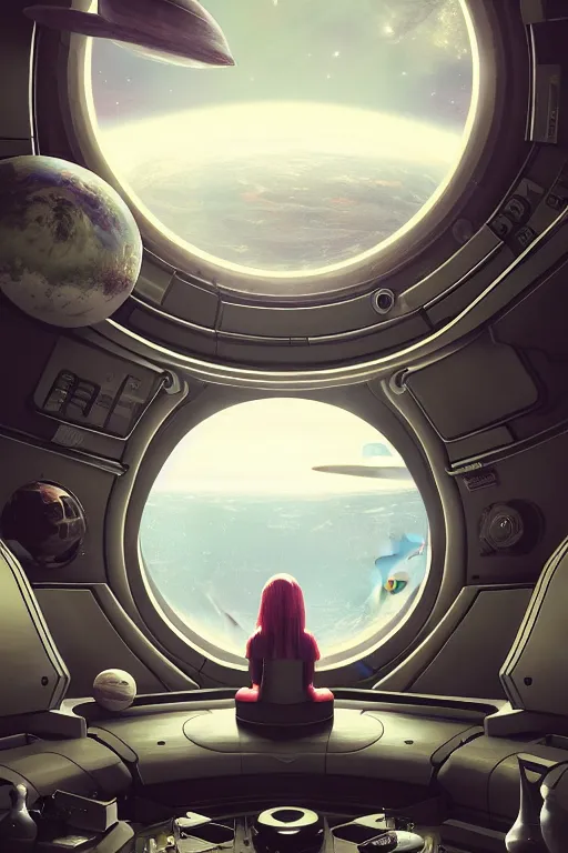 Prompt: Inside a room alien spaceship with large window that provide a scenic view of a huge planet can be seen in the background, Highly detailed labeled, poster, aesthetic, haeccety, trending on artstation, trending on cgsociety