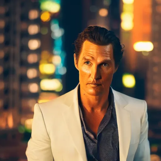 Image similar to a still of matthew mcconaughey . He's looking directly at the camera. HD. Shallow depth of field. City at night in background, lights, colors ,studio lighting, mood, 4K. Profession photography