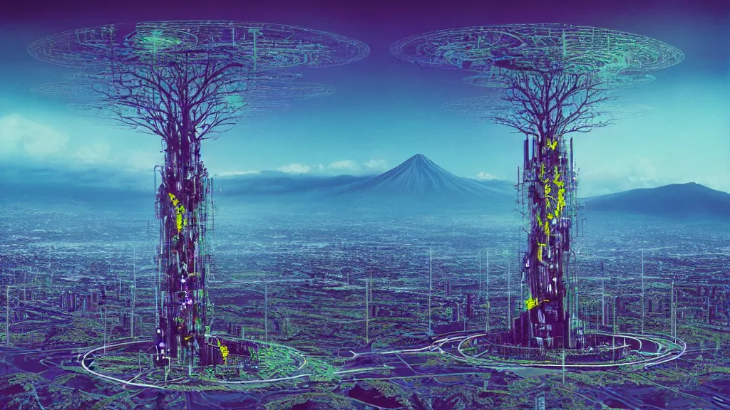 Image similar to Nuclear Nature harmony, a drone shot of Techno-Tree Covered Future version of the City Quito, Ecuador; by Oswaldo Moncayo; oil on canvas; by Beeple