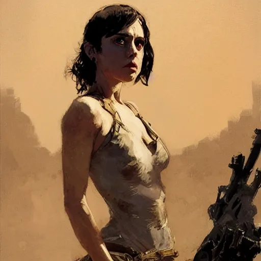 Image similar to alison brie as furiosa, intricate, elegant, highly detailed, greg manchess, mucha, liepke, ruan jia, jeffrey catherine jones, ridley scott