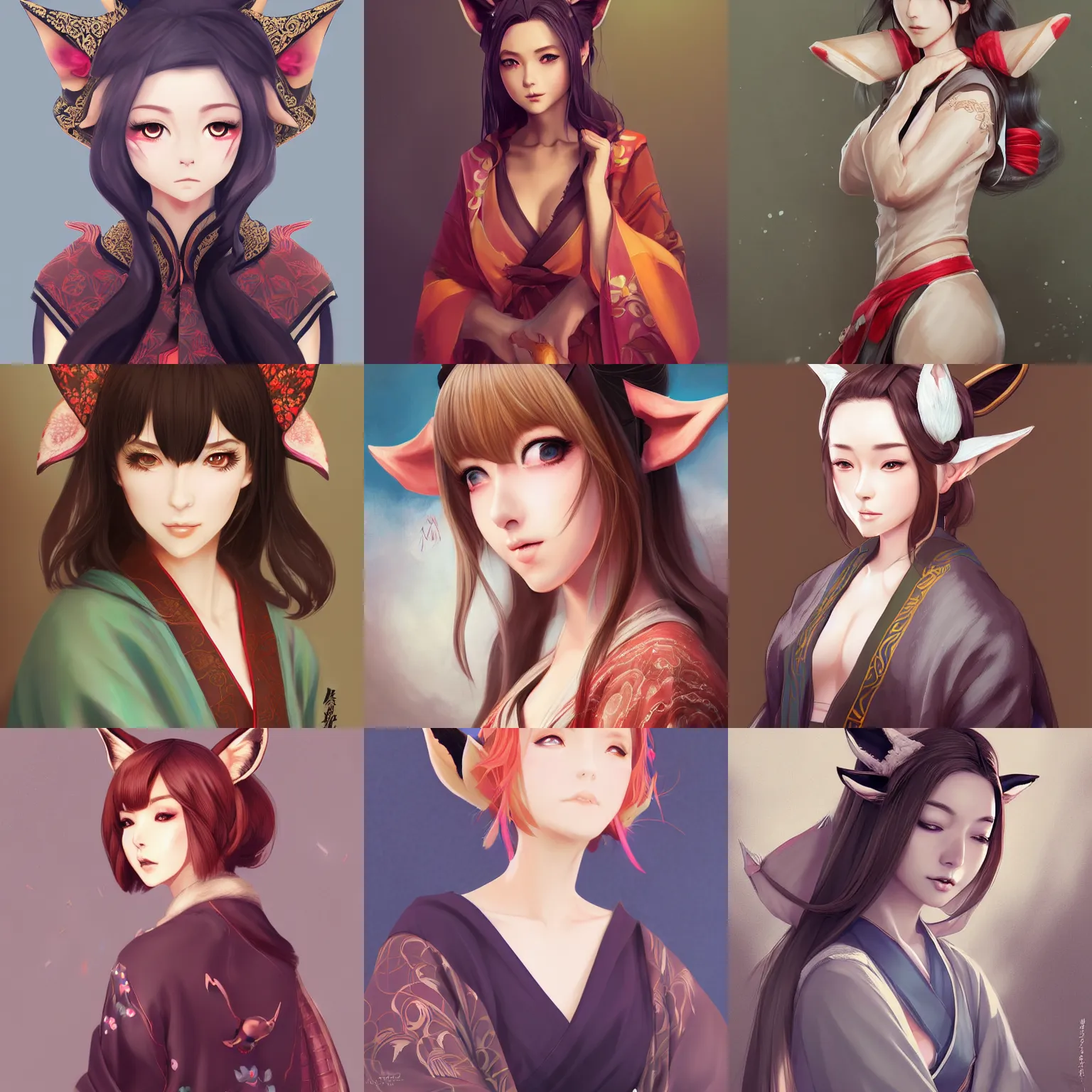 Prompt: A potrait of a beautiful, shapely woman with fox ears wearing a modest kimono from Skyrim, waifu, digital painting, by a professional manga illustrator, Stanley Artgerm Lau, WLOP, Rossdraws, LeraPi, and Sakimichan, digtial painting, trending on ArtStation, deviantart, SFW version