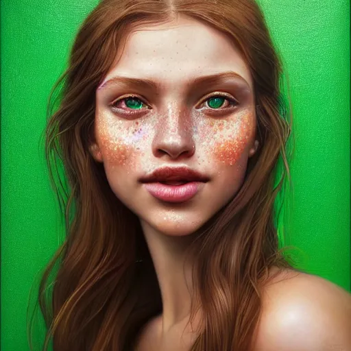 Image similar to ! beautiful hyperrealism hyperdetailed selfie of a cute young woman with vivid emerald green eyes, sitting in her car, long bronze brown hair, flushed face, red blush, light freckles, big puffy lips, smiling softly, soft features, 8 k, sharp focus, art by irakli nadar, instagram, portra 4 0 0