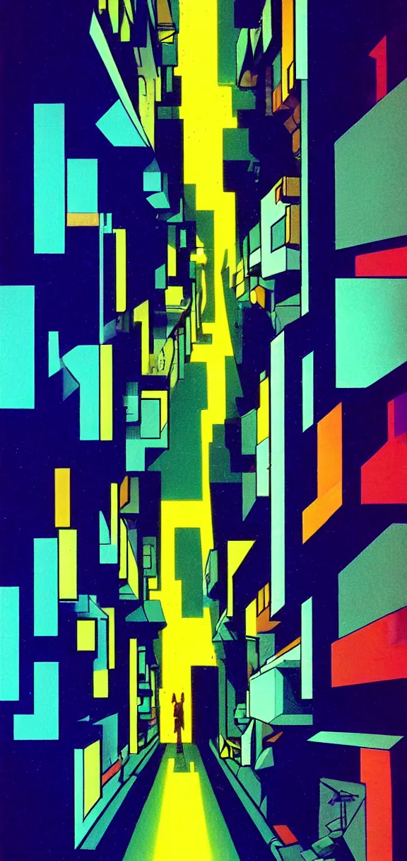 Image similar to post - minimalism, cyberpunk, abstract, slight cubism influence, bladerunner alley, iridescent, comic