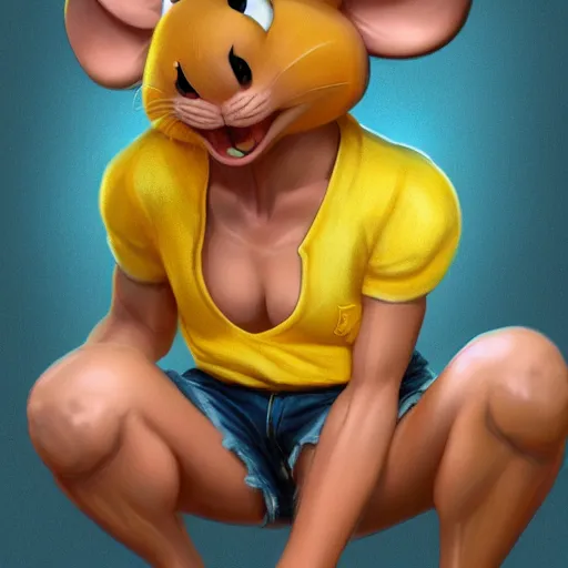 Prompt: anthropomorphic mouse wearing denim short shorts and yellow tank top, highly detailed, artgerm style, artstation, soft light, sharp focus, illustration, character design, concept art