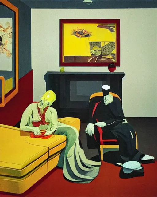 Prompt: old dead couple on couch watching a large obsidian television screen inside a yellow art deco interior room in the style of Francis Bacon and Syd Mead, open ceiling, highly detailed, painted by Francis Bacon and Edward Hopper, painted by James Gilleard, surrealism, airbrush, very coherent, triadic color scheme, art by Takato Yamamoto and James Jean