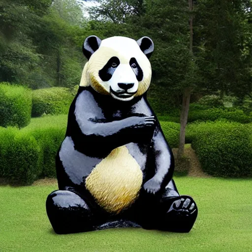 Prompt: giant panda chrome statue