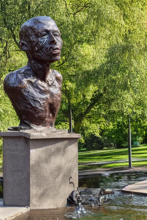 Prompt: bronze statue on pedestal in park of a man's mummified head resembling a death mask, open cranium, hollow, broken, water pouring from back into stream below, 4 k image, golden hour, sigma lens