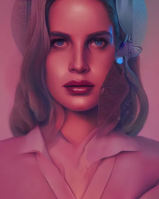 Image similar to portrait of Lana Del Rey as a cyborg. intricate abstract. intricate artwork. by Tooth Wu, wlop, beeple, dan mumford. mulholland drive by david lynch, dune by david lynch, octane render, trending on artstation, greg rutkowski, alex ross. very coherent symmetrical artwork. cinematic, hyper realism, high detail, octane render, 8k, iridescent accents