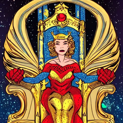 Prompt: superhero women wearing a crown, intricate, golden, sitting on a throne, majestic