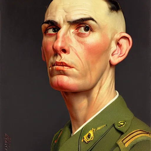 Image similar to frontal portrait of a soldier in attention, doing the loser hand gesture on his forehead, by Norman Rockwell and Gerald Brom
