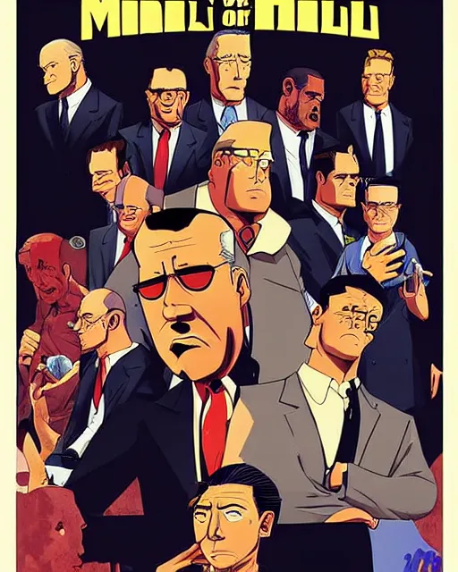 Prompt: a promotional poster for a mafia - themed king of the hill movie illustrated by robert mcginnis, poster design, king of the hill, dramatic, dramatic lighting, hank hill, dale gribble, boomhauer, bill dauterive, john redcorn