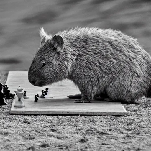 Image similar to wombat playing chess in pringle bay in style of goya