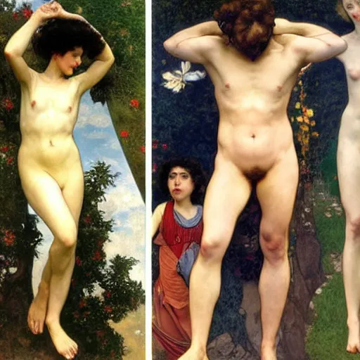 Image similar to stairway to heaven, dynamic contrapposto, william - adolphe bouguereau, egon schiele, gustav klimt, alphonse mucha