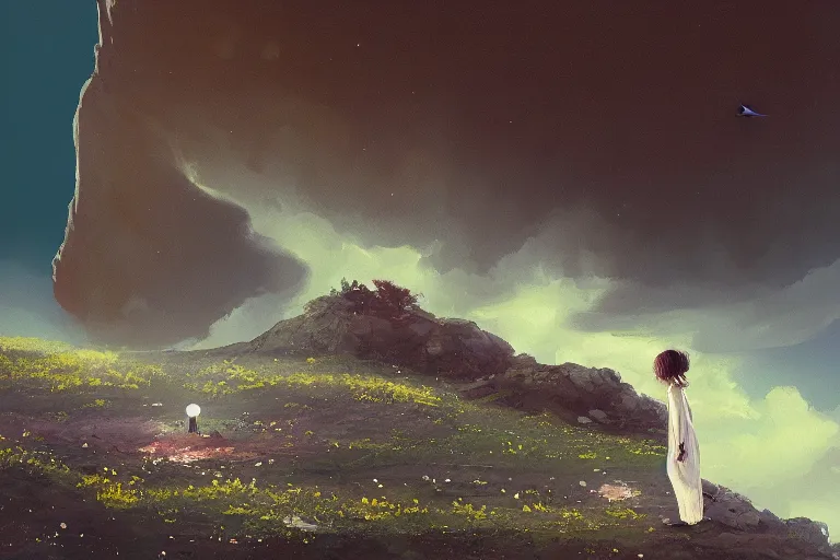 Image similar to giant white daisy flower crown head, girl standing on cliff, surreal photography, solar eclipse, milky way, dramatic light, impressionist painting, clouds, digital painting, artstation, james gilleard, liam wong, jeremy mann, simon stalenhag