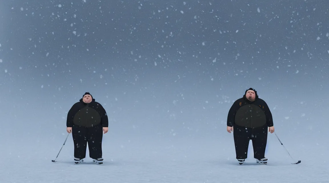 Prompt: a portrait of a fat man on the ice, using weighted vests, snowstorm, flat design, screen print by Kawase Hasui and dan hillier, 8k unreal engine