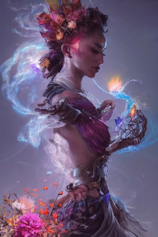 Prompt: beautiful girl necromancer, witch - doctor exploding into flowers fire crystal dress, angels, 3 d render, hyper - realistic detailed portrait, holding electricity and birds, ruan jia, wlop. scifi, fantasy, magic the gathering, hyper detailed, octane render, concept art by artgerm, peter mohrbacher