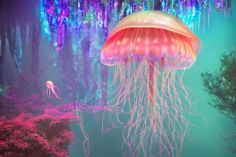 Prompt: An enchanted fantasy forest. Floating jellyfish. Colorful. Cinematic lighting. Photorealism.