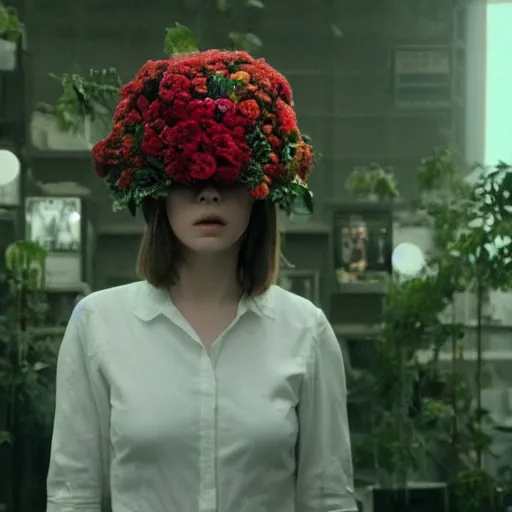 Image similar to movie still of a girl with a cyborg plants flowers helmet, cinematic composition, cinematic light, by edgar wright and david lynch