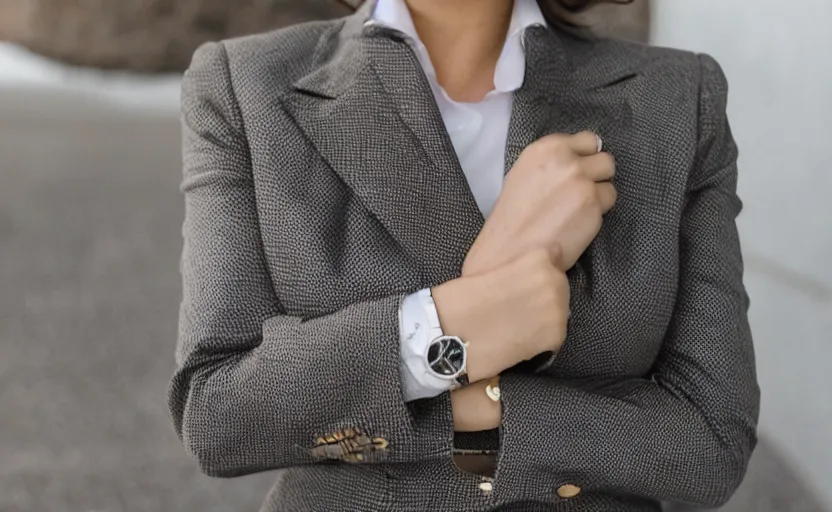 Prompt: a wide shot of a lady with a wool suit, wearing an omega speedmaster on her wrist