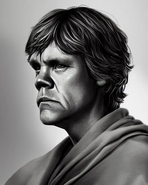 Prompt: very low angle high quality hyper realistic portrait of luke skywalker, dark dramatic portrait realistic and insanely detailed, 8 k